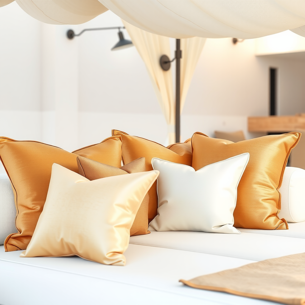 Detail shot of plush cabana seating with champagne gold accent pillows, soft white cushions, and premium fabric textures in elegant arrangement