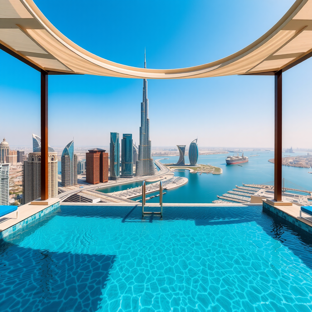 Panoramic view from private cabana showcasing unobstructed Dubai skyline with iconic buildings, infinity pool edge, and azure sky at Sky Aura Pool