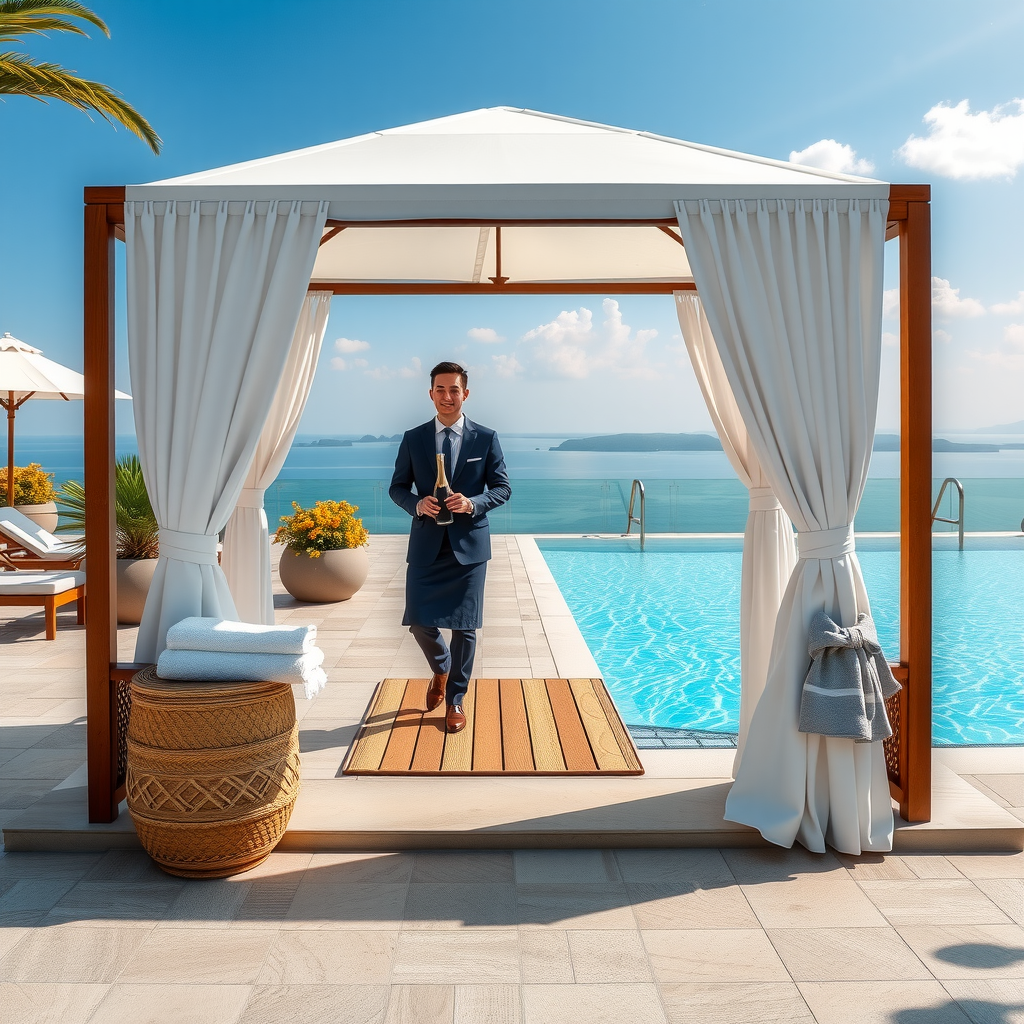 Welcoming scene of Sky Aura Pool staff greeting guests at private cabana entrance with champagne welcome, luxury towels, and pristine infinity pool in background