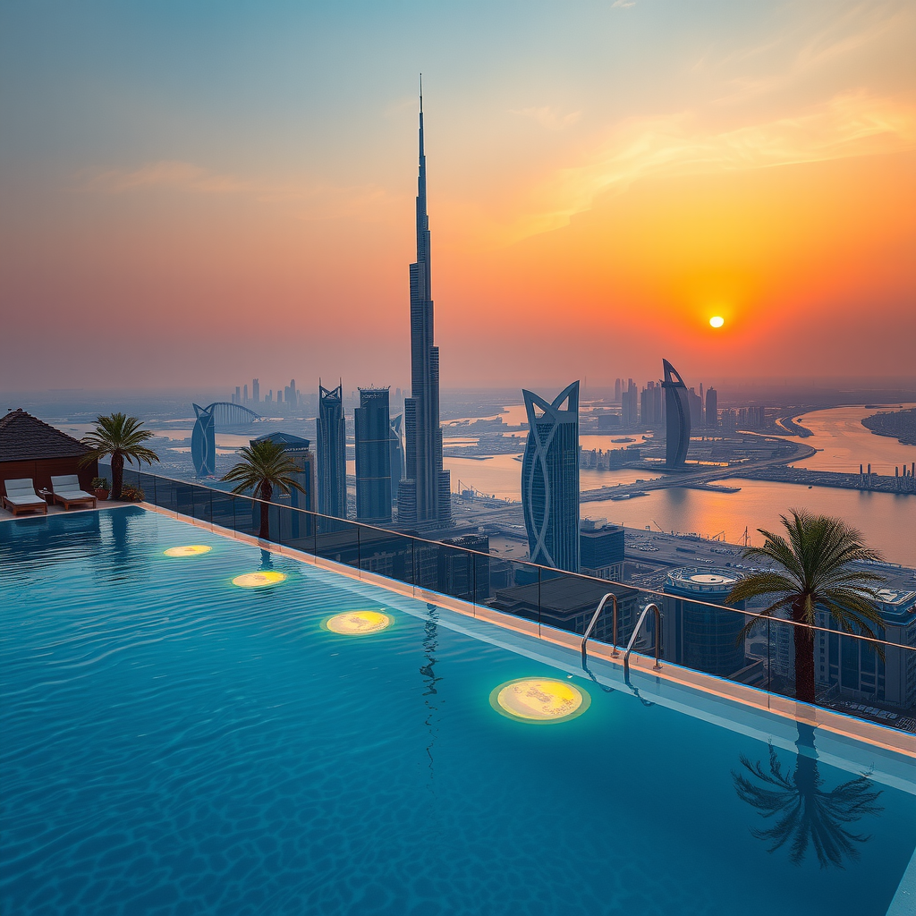 Stunning sunset view over Dubai skyline from Sky Aura Pool infinity edge with golden hour lighting reflecting on water surface