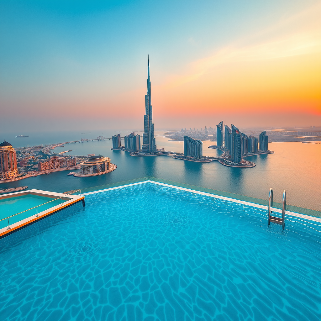 Stunning infinity pool overlooking Dubai skyline at sunset with crystal clear turquoise water, modern luxury loungers, and panoramic city views from Palm Jumeirah