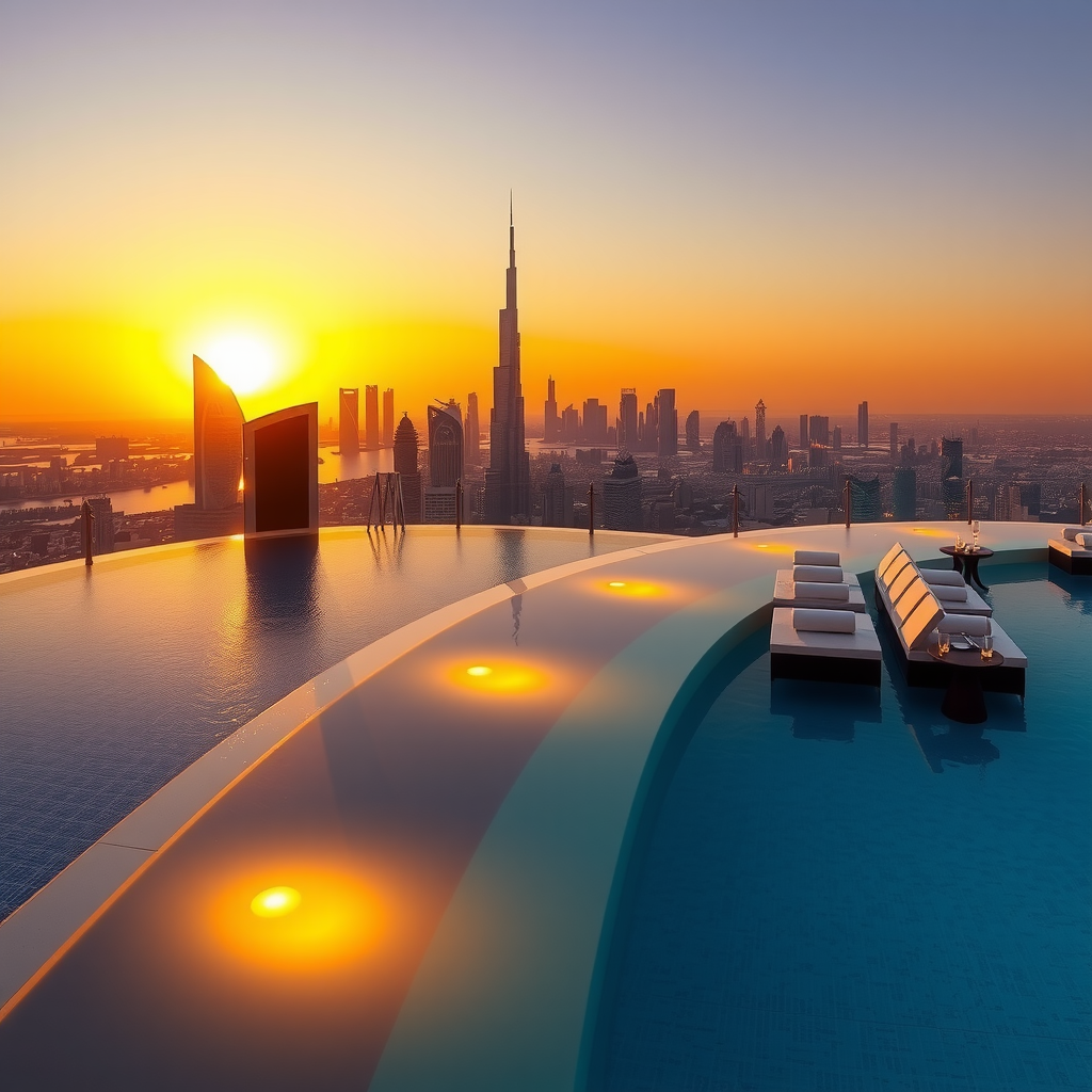 Stunning sunset view at Sky Aura Pool infinity edge with golden hour lighting reflecting off the water, Dubai skyline silhouetted in the background, luxurious poolside loungers arranged along the edge, ambient lighting beginning to glow, champagne glasses on side tables