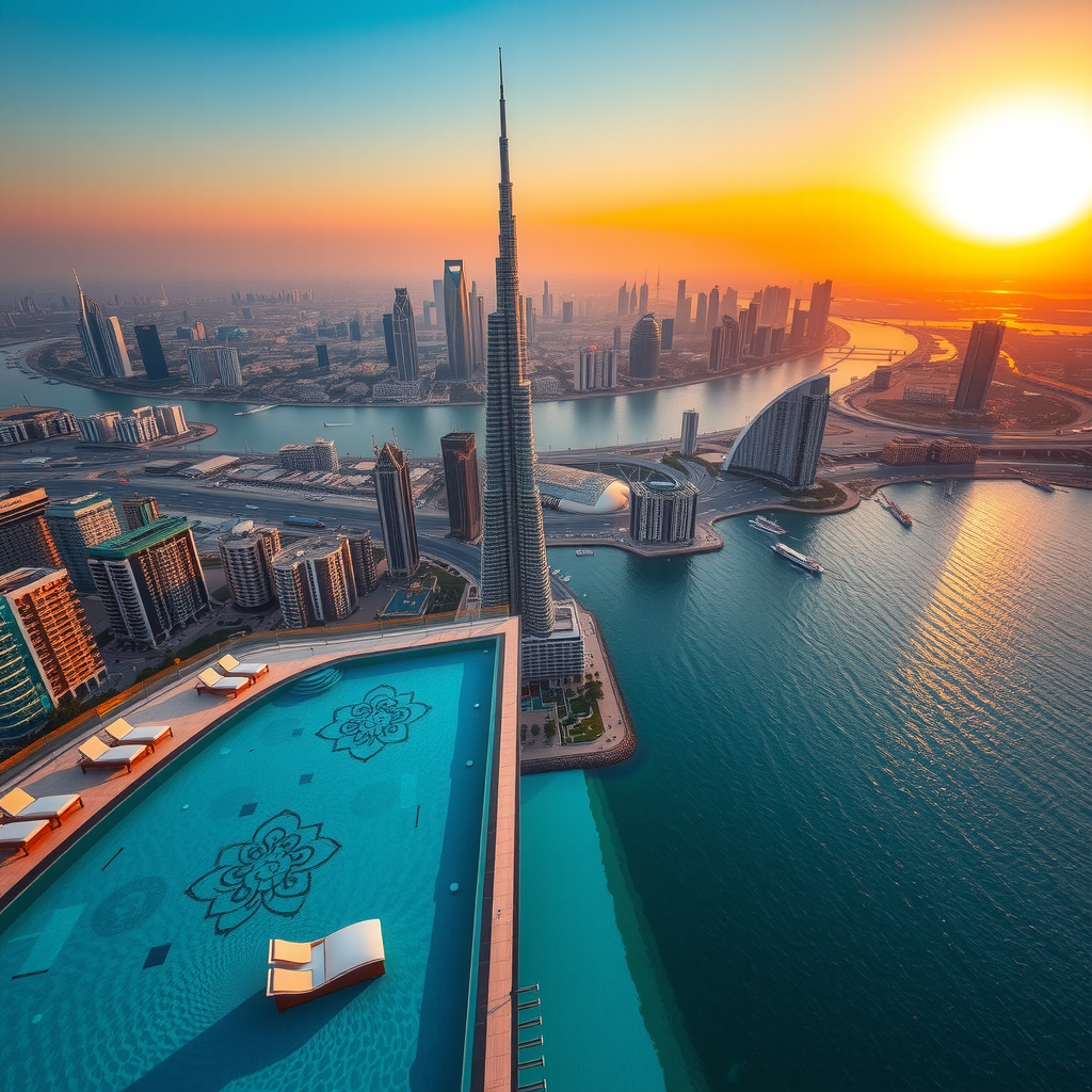Stunning aerial view of Sky Aura Pool infinity edge overlooking Dubai skyline at golden hour, with crystal clear turquoise water reflecting the warm sunset colors and modern luxury loungers arranged along the pool deck