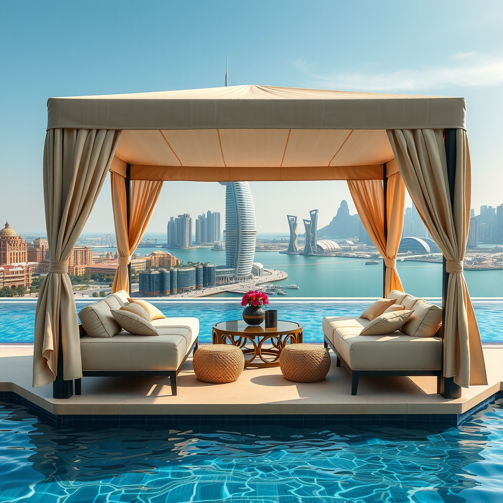 Exclusive private cabana with plush seating overlooking Dubai skyline at infinity pool, featuring premium furnishings, shade coverage, and butler service setup