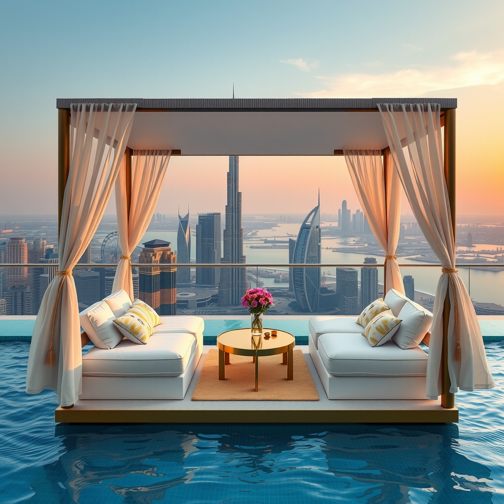 Luxurious private cabana with plush white seating, golden accents, and panoramic views of Dubai's iconic skyline from Sky Aura Pool infinity edge at sunset