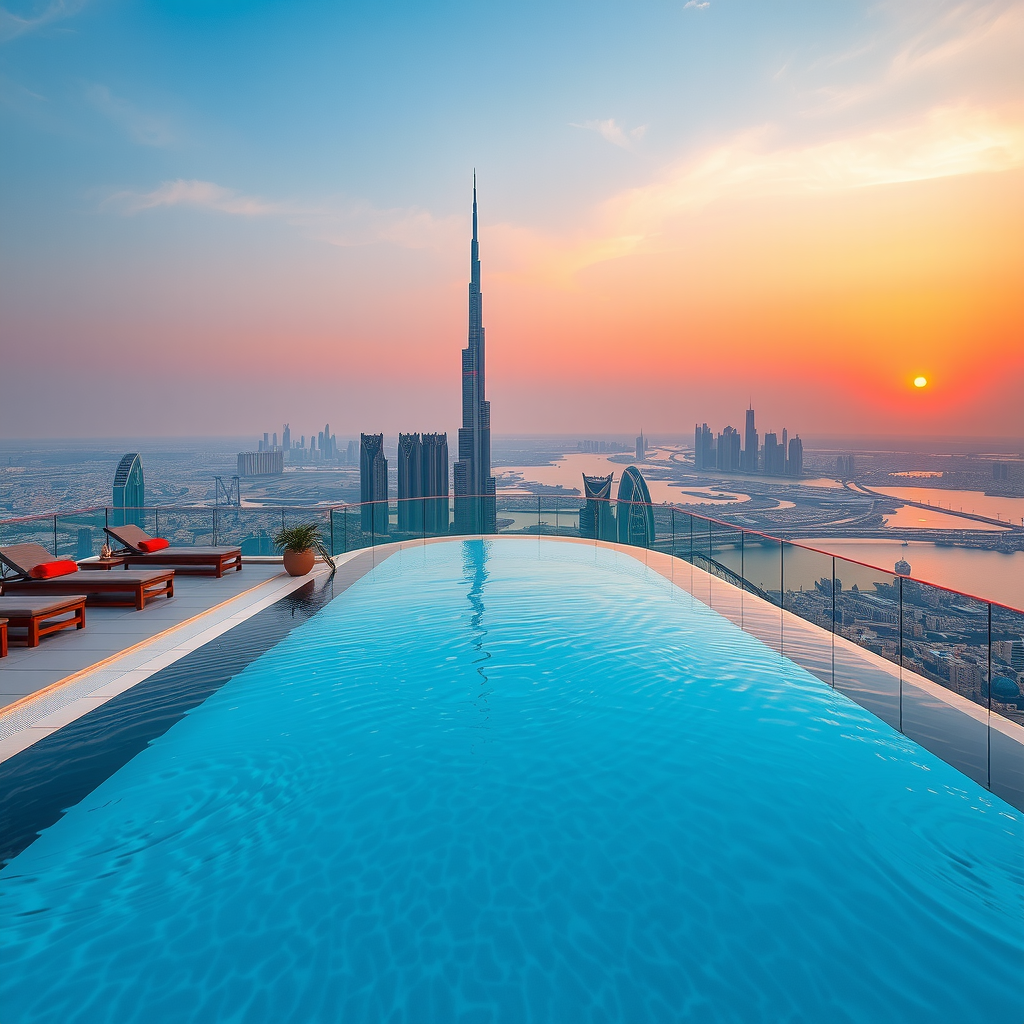 Sky Aura Pool infinity pool with panoramic Dubai skyline views, luxury sun loungers, and stunning sunset ambiance