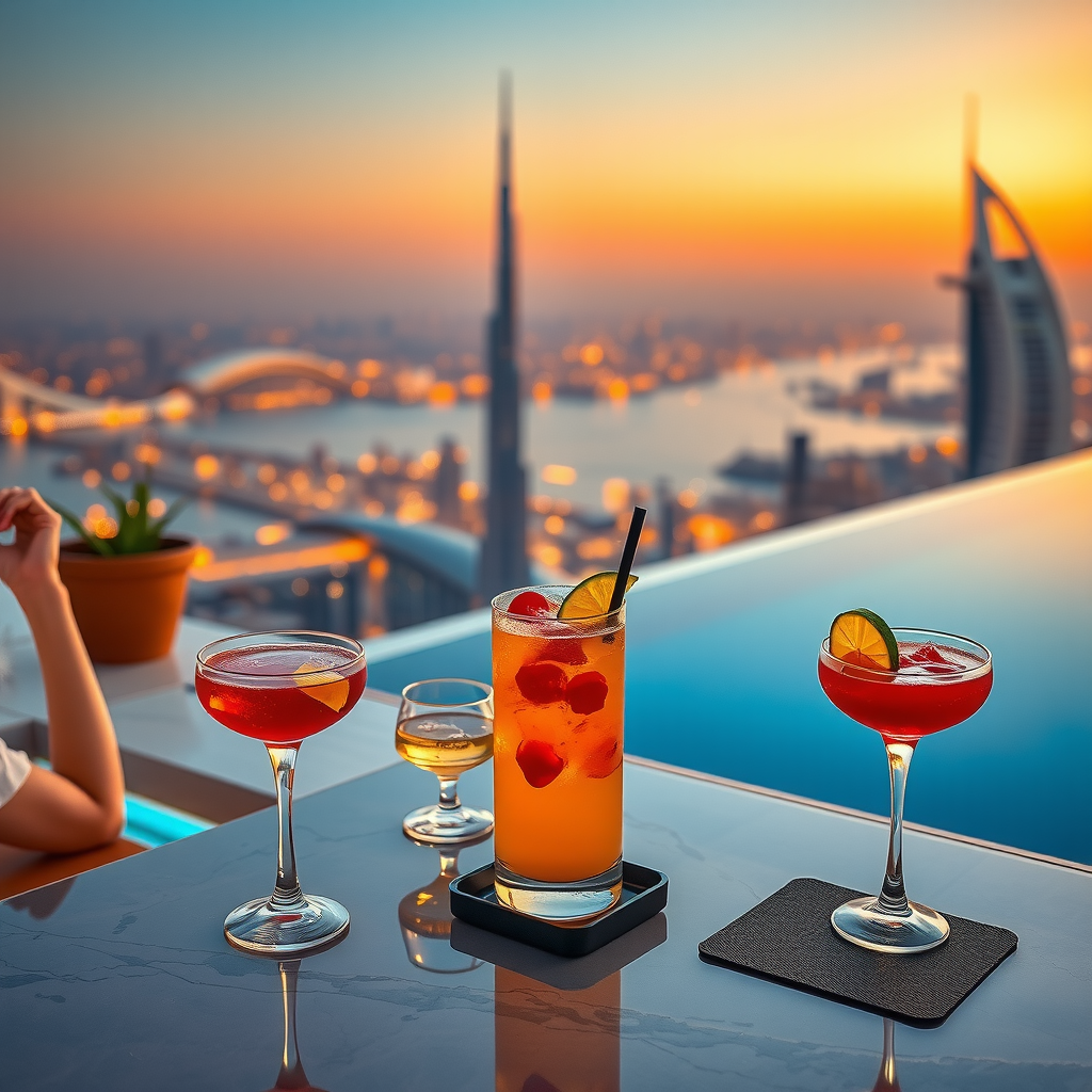 Elegant sunset cocktail setup at Sky Aura Pool's exclusive infinity pool overlooking Dubai's glittering skyline with golden hour lighting, premium glassware, and artisanal cocktails on a luxurious poolside table