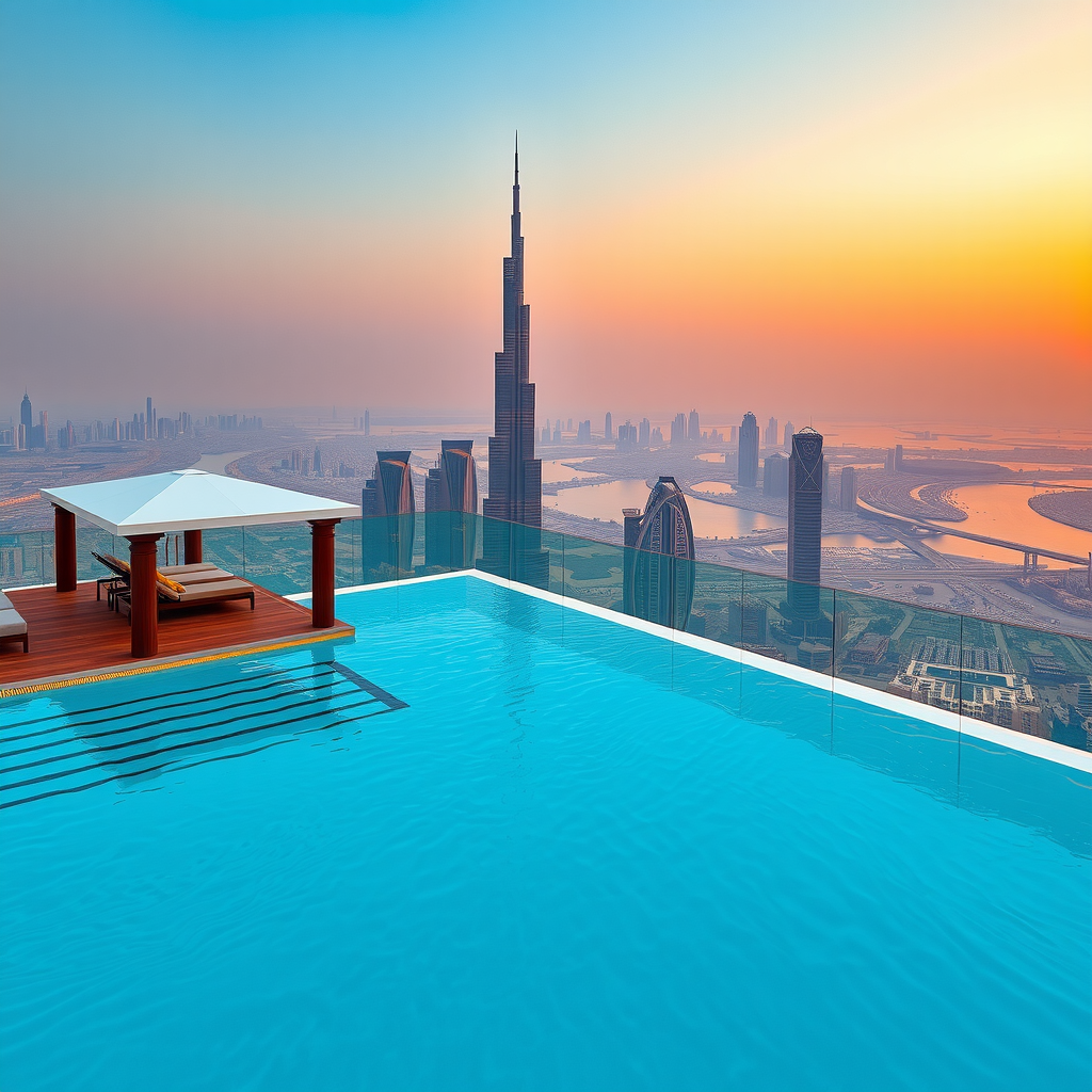 Luxurious infinity pool at Sky Aura Pool with spa pavilion, overlooking Dubai's glittering skyline during golden hour, featuring pristine turquoise water and elegant loungers