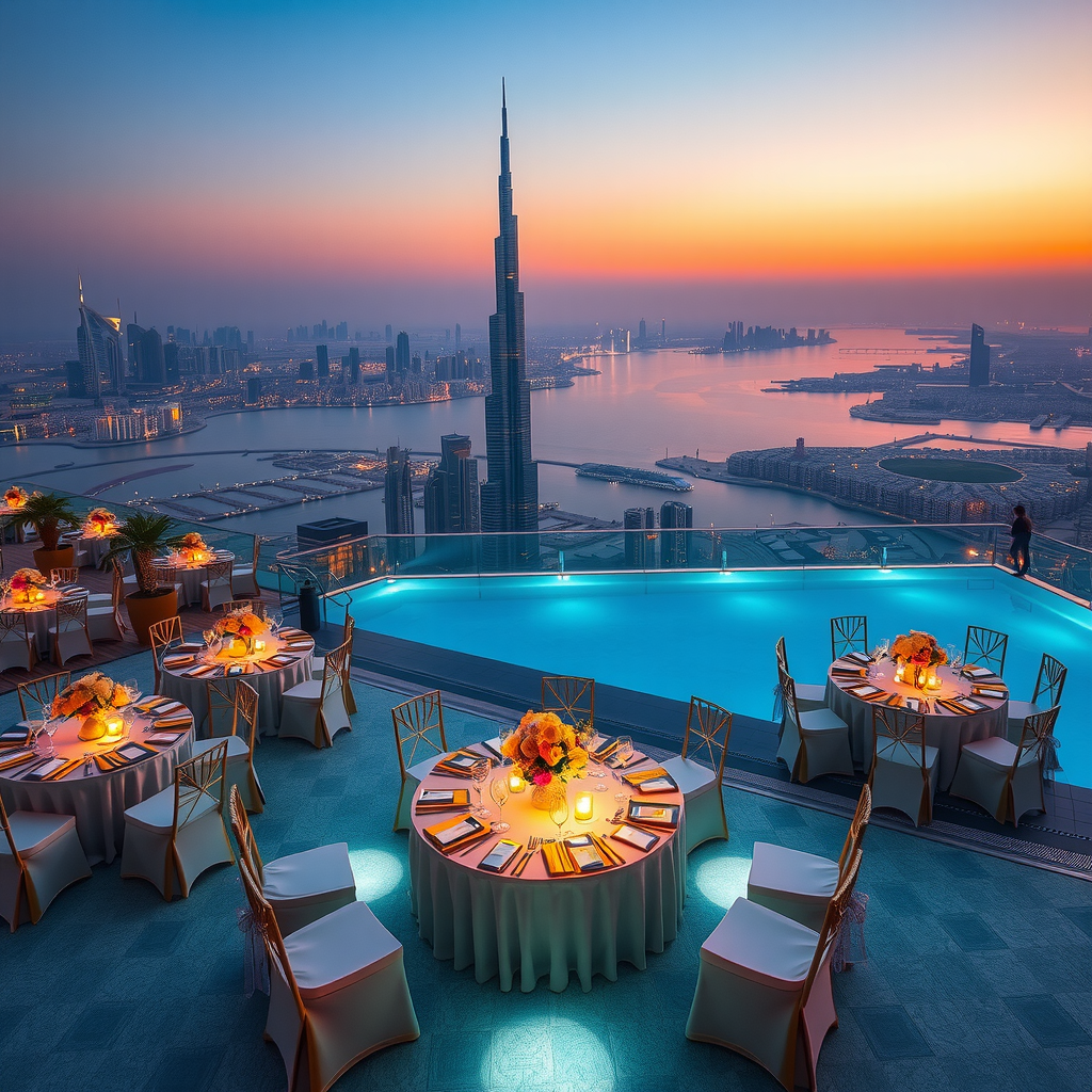 Elegant corporate event setup at Sky Aura Pool infinity swimming pool with Dubai skyline at sunset, featuring sophisticated table arrangements and ambient lighting