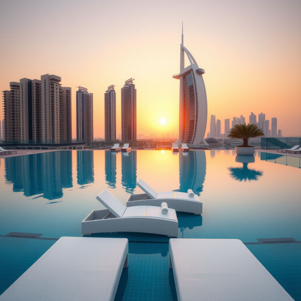 Elegant infinity pool deck with premium white loungers, golden sunset reflections on water, Dubai Marina skyline in background, luxury poolside service setup