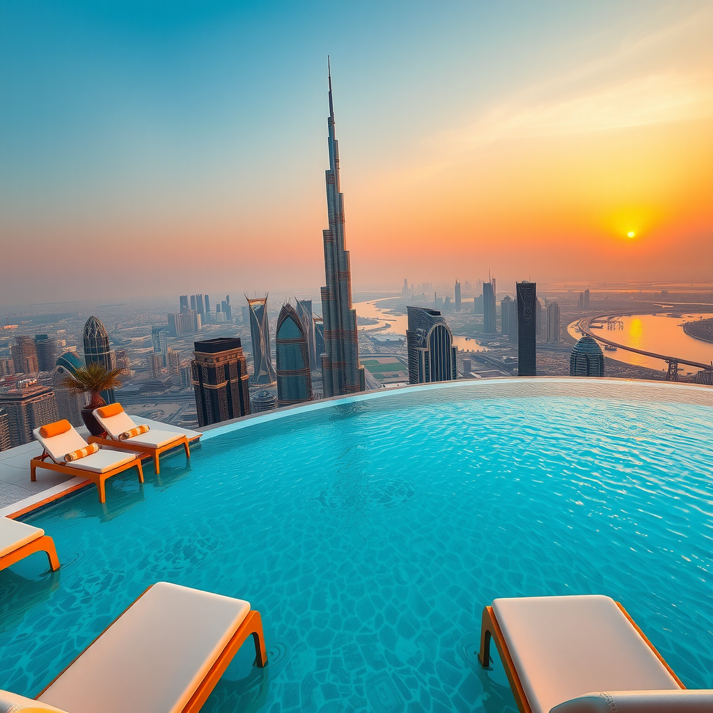 Stunning panoramic view from Sky Aura Pool's infinity edge overlooking Dubai's glittering skyline at golden hour, crystal-clear turquoise water reflecting the sunset, luxurious poolside loungers with champagne gold accents, Burj Khalifa prominently visible in the distance