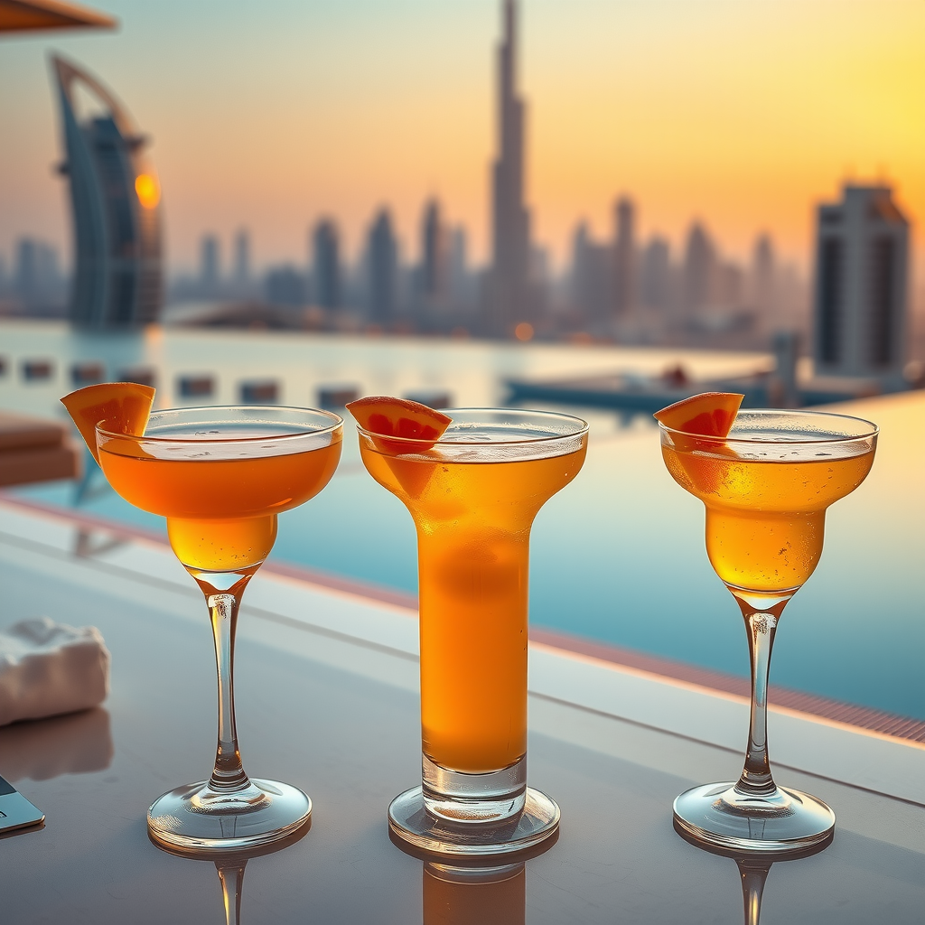 Elegant cocktail glasses with golden sunset-colored drinks garnished with fresh fruit, positioned on a sleek poolside table with the infinity pool and Dubai skyline in soft focus background, warm ambient lighting, luxury setting