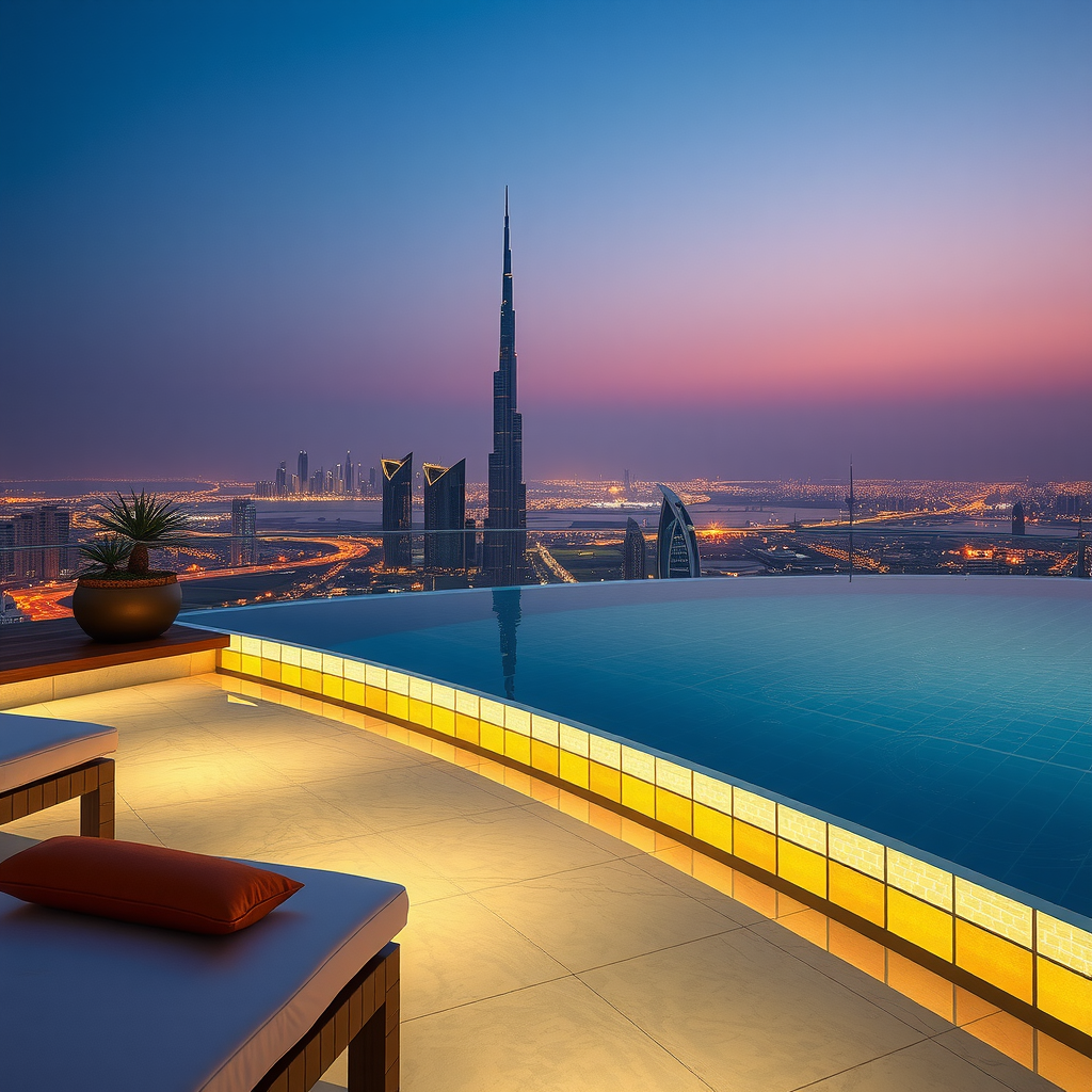 Elegant evening scene at Sky Aura Pool with ambient golden lighting illuminating the infinity edge, comfortable luxury loungers with plush cushions, and the glittering Dubai cityscape in the background under twilight sky