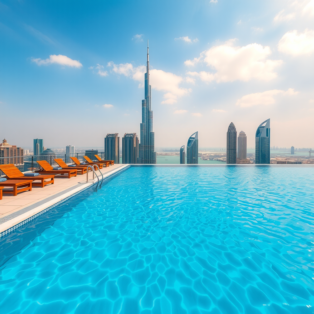 Stunning temperature-controlled infinity pool with panoramic Dubai cityscape views, premium sun loungers arranged poolside, crystal clear water reflecting the sky