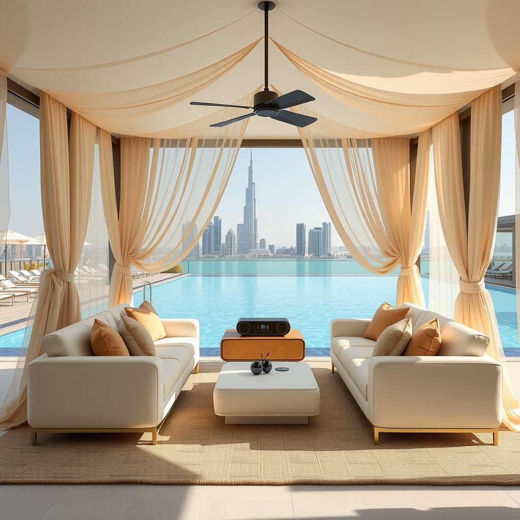 Interior view of premium private cabana featuring plush cream-colored seating, champagne gold decorative pillows, modern sound system, and floor-to-ceiling sheer curtains with Dubai skyline visible through infinity pool backdrop