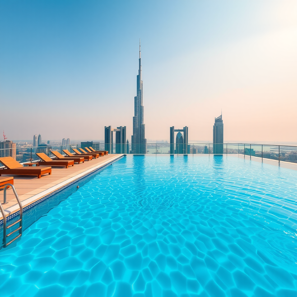 Temperature-controlled infinity pool at Sky Aura Pool with crystal clear water, premium sun loungers, and stunning Dubai cityscape reflection