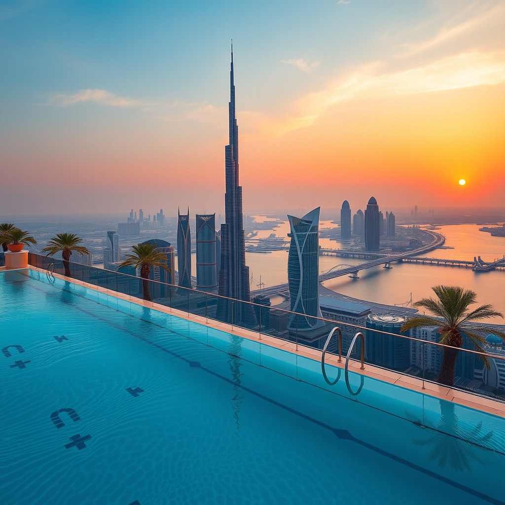 Stunning panoramic view of Dubai skyline at sunset from Sky Aura Pool's infinity edge, featuring golden hour lighting reflecting off glass towers and the serene pool water