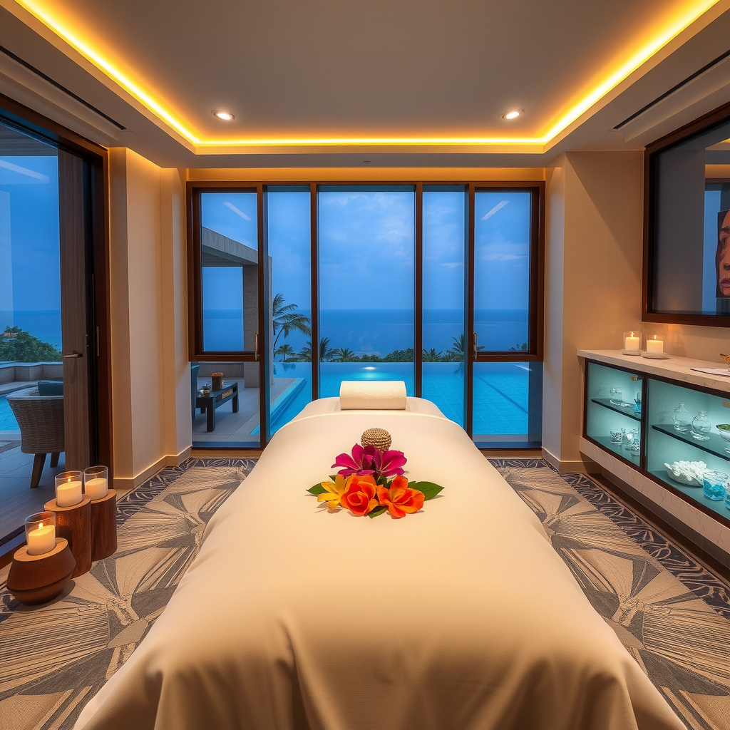Luxurious spa treatment room at Sky Aura Pool featuring massage table with white linens, aromatherapy candles, tropical flowers, and floor-to-ceiling windows overlooking the infinity pool