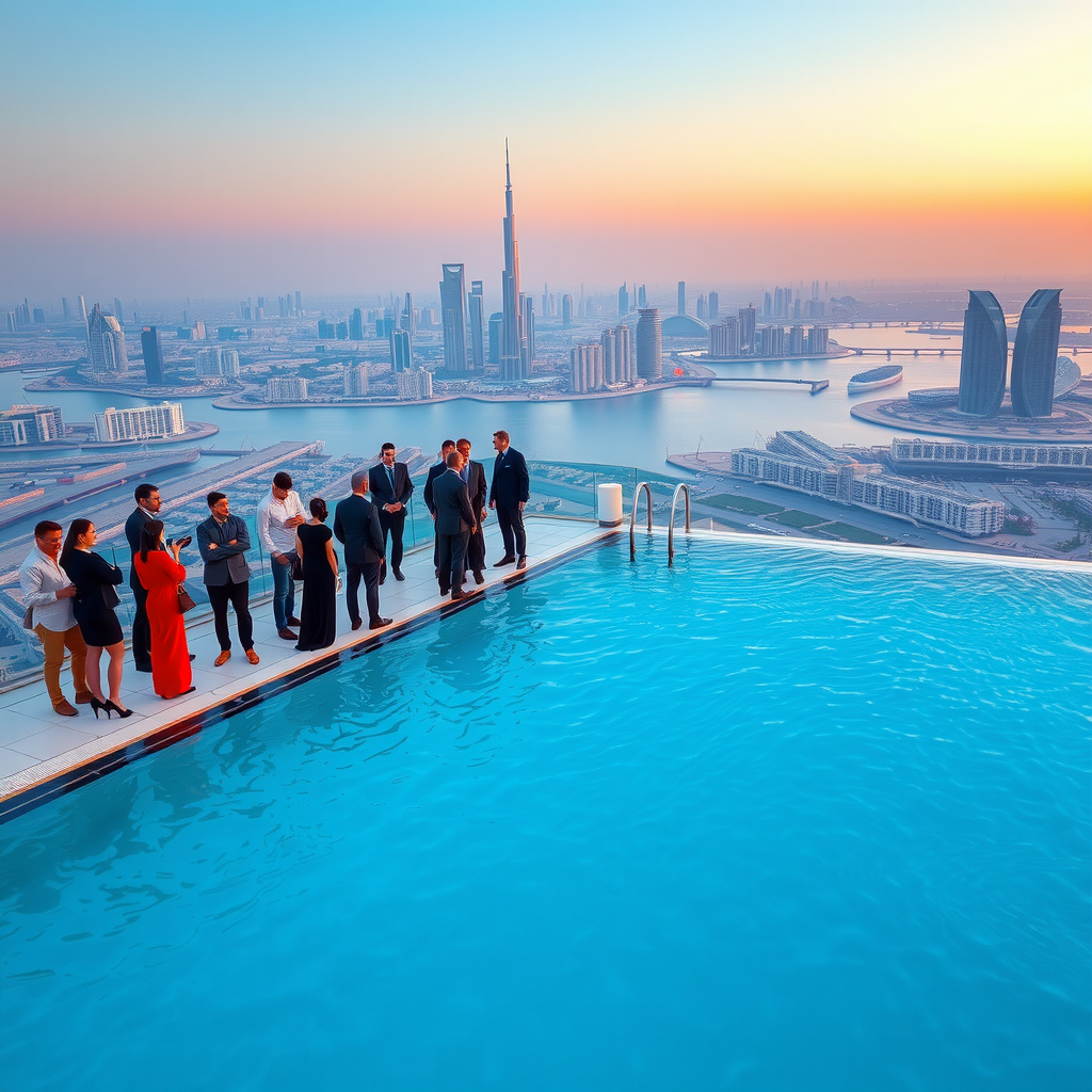 Professional team building event at aura skypool dubai with colleagues networking around the infinity swimming pool, modern corporate setting with panoramic city views