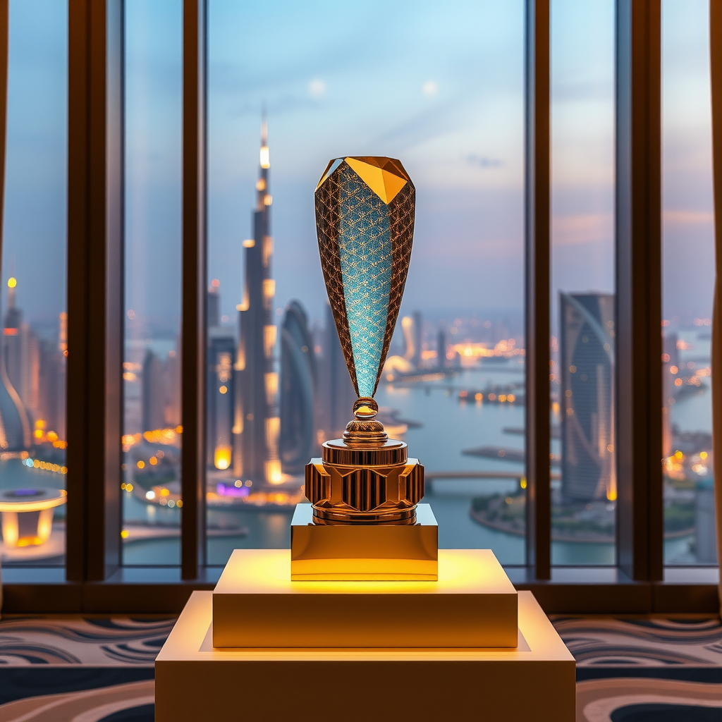 Prestigious award trophy on elegant podium with Dubai's iconic skyline visible through floor-to-ceiling windows, golden lighting highlighting the crystal trophy, luxury hotel interior setting