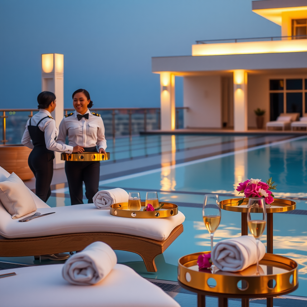 Elegant poolside service at Sky Aura Pool, professional staff in crisp uniforms serving premium refreshments on champagne gold trays, plush white loungers with rolled towels, sophisticated table settings with fresh flowers, warm ambient lighting creating intimate atmosphere