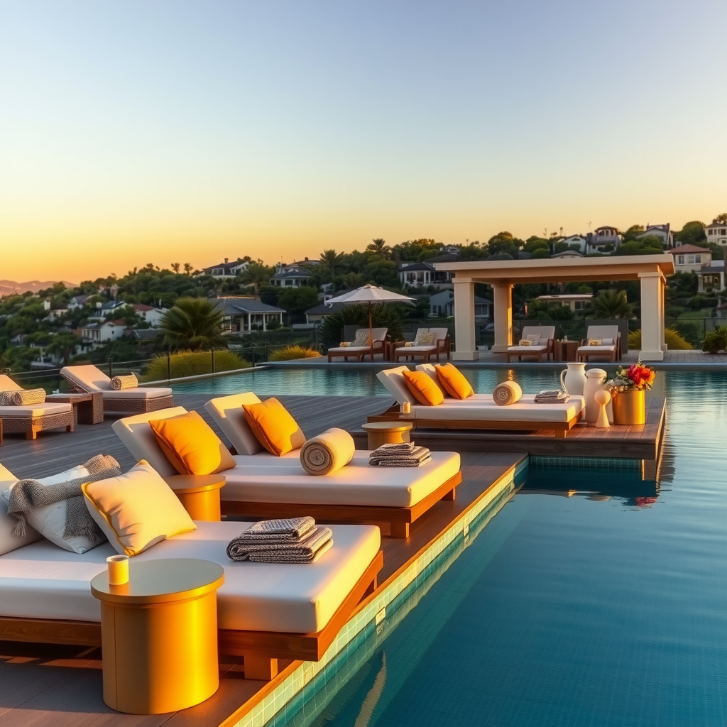 Luxurious poolside loungers with plush cushions and premium towels arranged along the infinity edge, sunset lighting casting golden glow, elegant side tables with refreshments, sophisticated outdoor furniture in coastal minimalist style