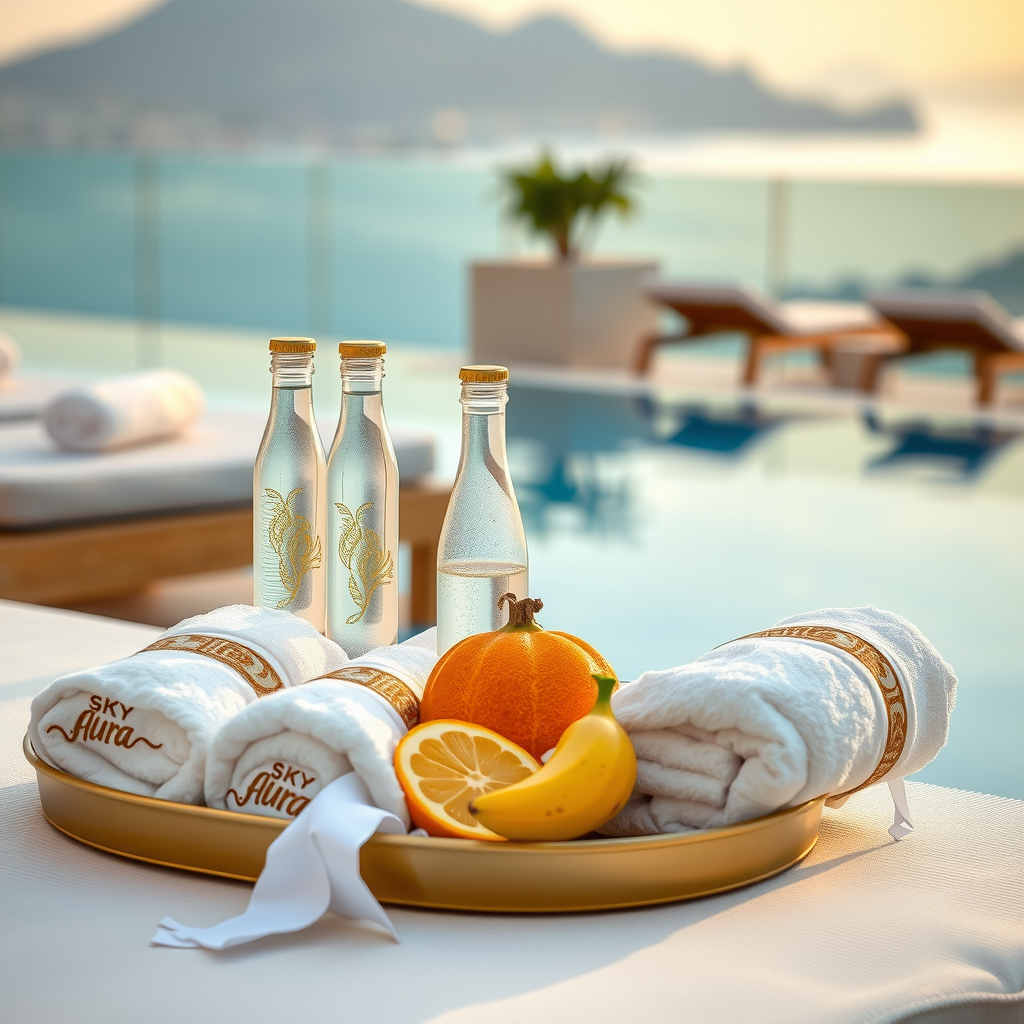 Close-up view of premium Sky Aura Pool amenities including plush white towels with gold embroidery, elegant glass water bottles, fresh tropical fruits on a gold-trimmed tray, and comfortable cushioned loungers with the infinity pool edge visible in soft focus background