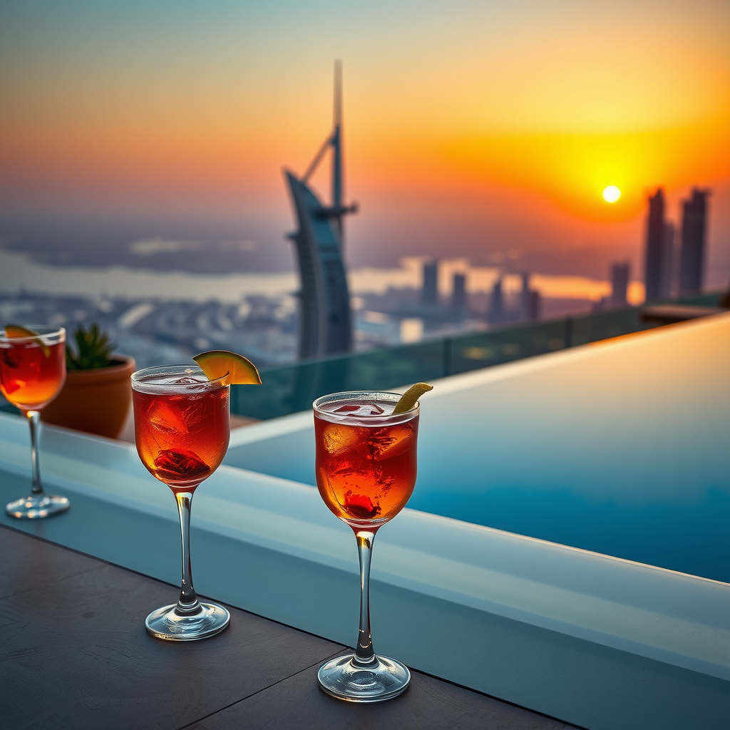 Golden hour sunset over Dubai skyline from infinity pool, elegant cocktail glasses with artisanal drinks, ambient lighting and sophisticated poolside seating arrangement