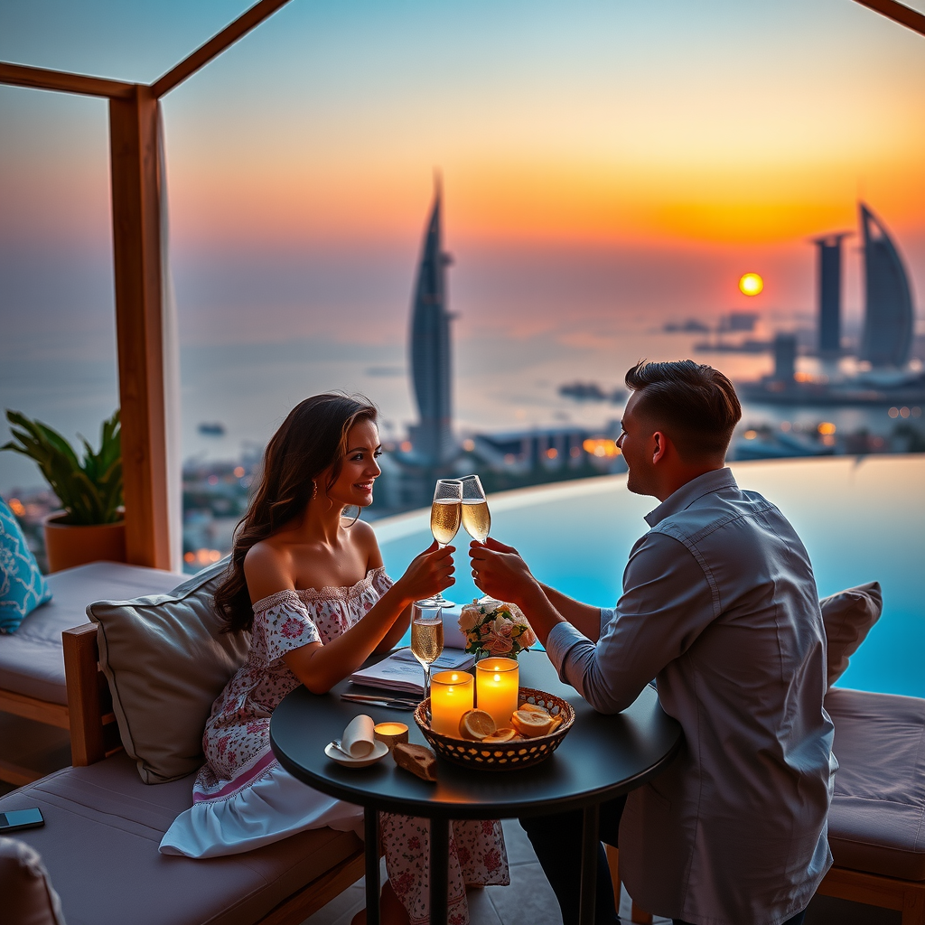 Romantic couple enjoying champagne in private cabana at sunset with Dubai skyline and infinity pool in background, intimate lighting and elegant table setting