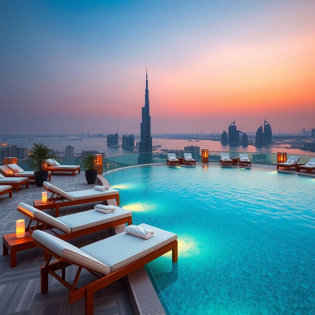 Luxurious poolside lounge area at Sky Aura Pool with premium sun loungers, ambient lighting, and spectacular Dubai Marina views at sunset
