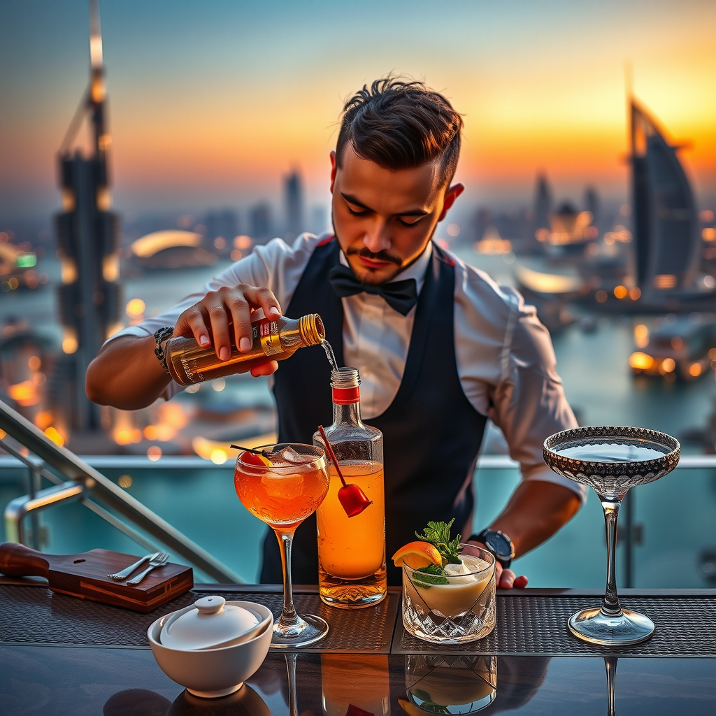 Professional mixologist at Sky Aura Pool carefully crafting an artisanal cocktail with premium spirits, fresh garnishes, and elegant glassware against the backdrop of Dubai's sunset skyline