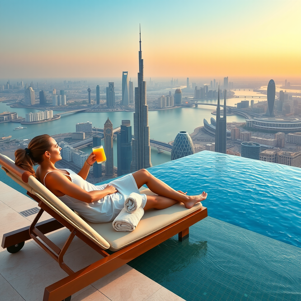 Guest relaxing on luxury lounger beside Sky Aura Pool's infinity swimming pool, with refreshing juice and towels, overlooking panoramic Dubai cityscape