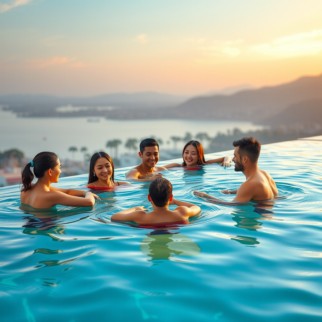 Team building activities and corporate bonding exercises at infinity swimming pool with colleagues engaging in collaborative activities