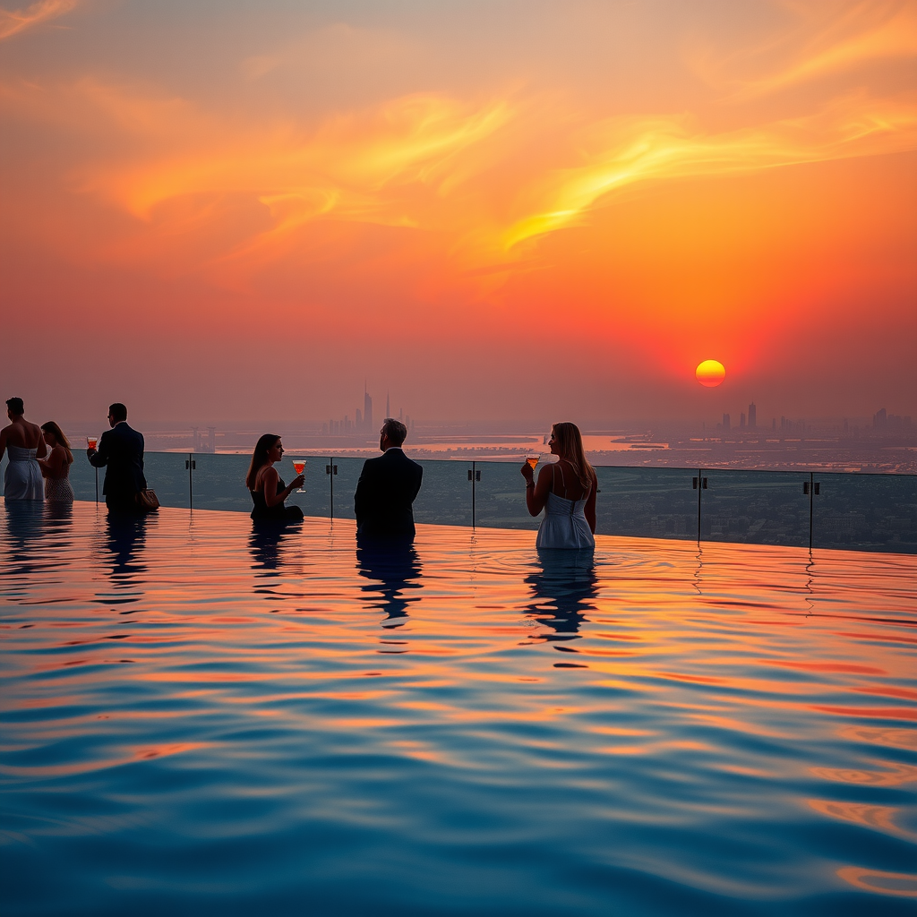 Stunning golden hour sunset over luxury infinity pool with silhouettes of guests enjoying cocktails, warm orange and pink sky reflecting in pool water, Dubai cityscape in background, ambient lighting creating magical atmosphere