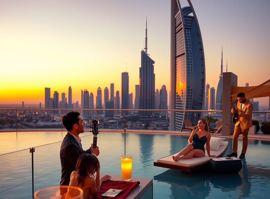 Elegant outdoor setting at infinity pool during sunset with live musician playing ambient music, sophisticated guests relaxing on loungers, warm golden lighting, Dubai skyline in background, luxury atmosphere with champagne service