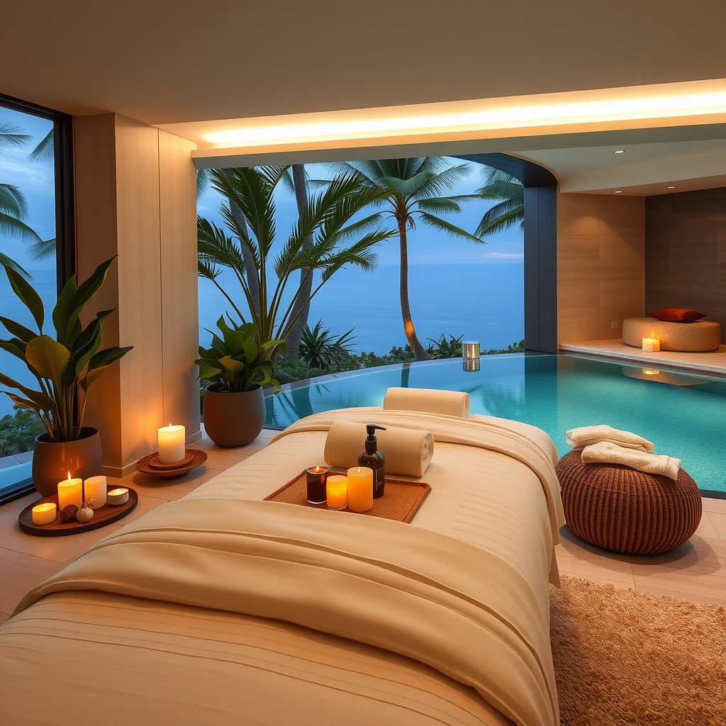 Serene spa treatment room with aromatherapy setup, massage table with luxury linens, tranquil ambiance with candles and tropical plants, overlooking infinity pool