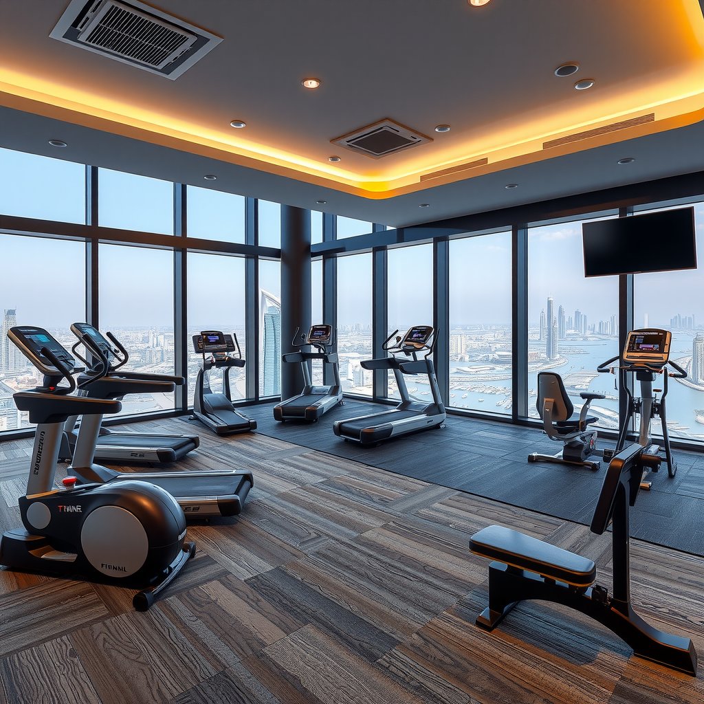 State-of-the-art fitness center at Sky Aura Pool featuring modern cardio equipment, strength training machines, and panoramic Dubai city views through floor-to-ceiling windows