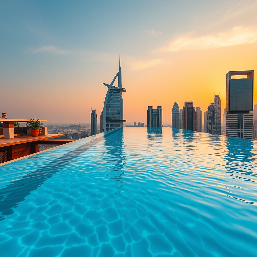 Sky Aura Pool's stunning infinity edge pool extending toward Dubai's skyline at sunset, with crystal-clear water reflecting the golden sky and modern architecture