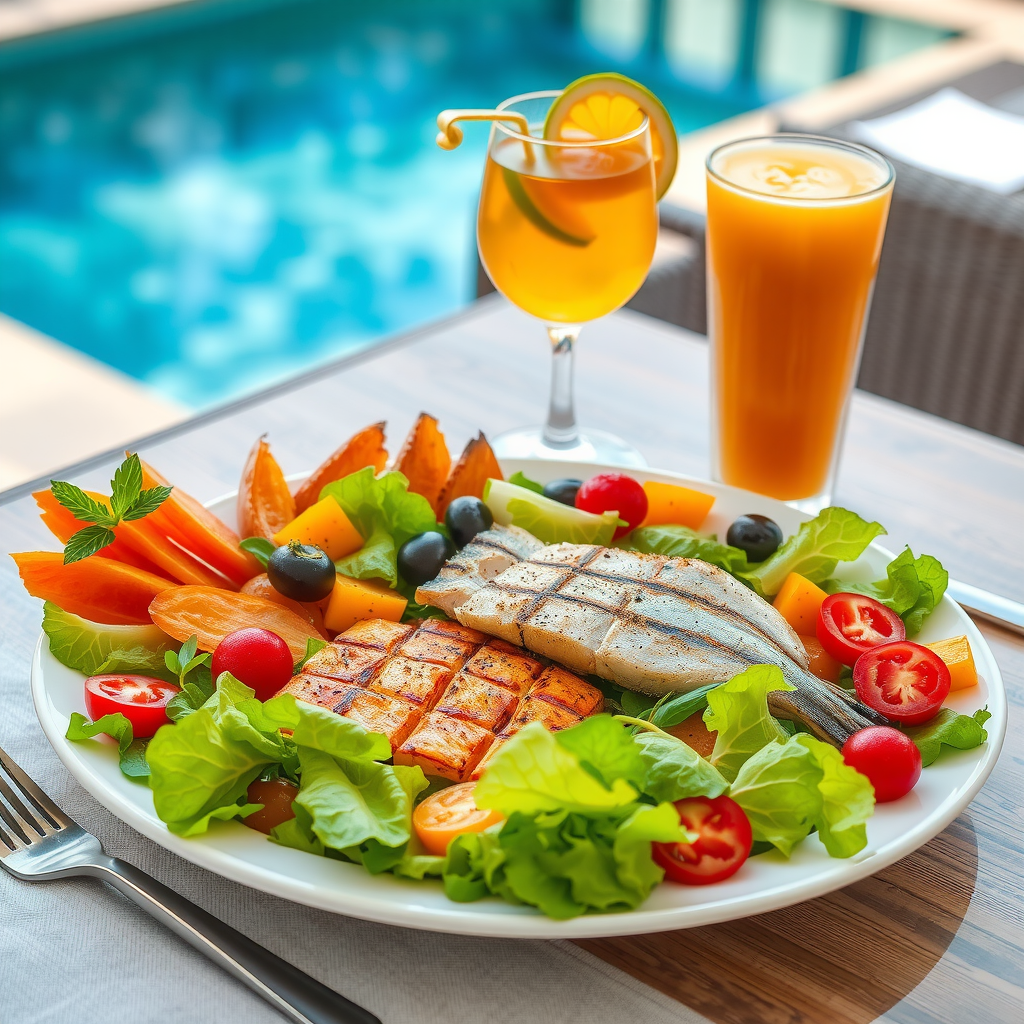 Beautifully plated healthy gourmet lunch with fresh salads, grilled fish, colorful vegetables, and fresh juice served on elegant tableware with pool view