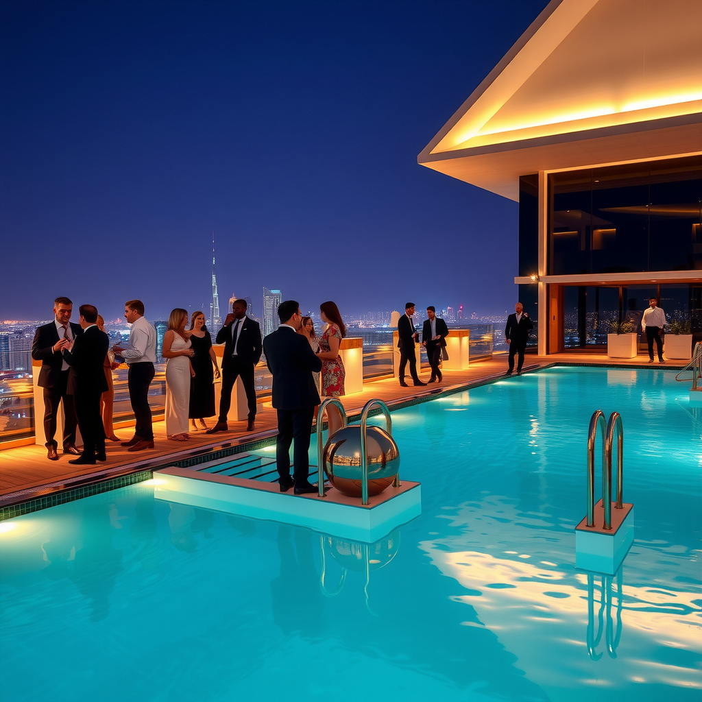 Elegant client entertainment evening at aura skypool dubai with business professionals networking in sophisticated poolside setting