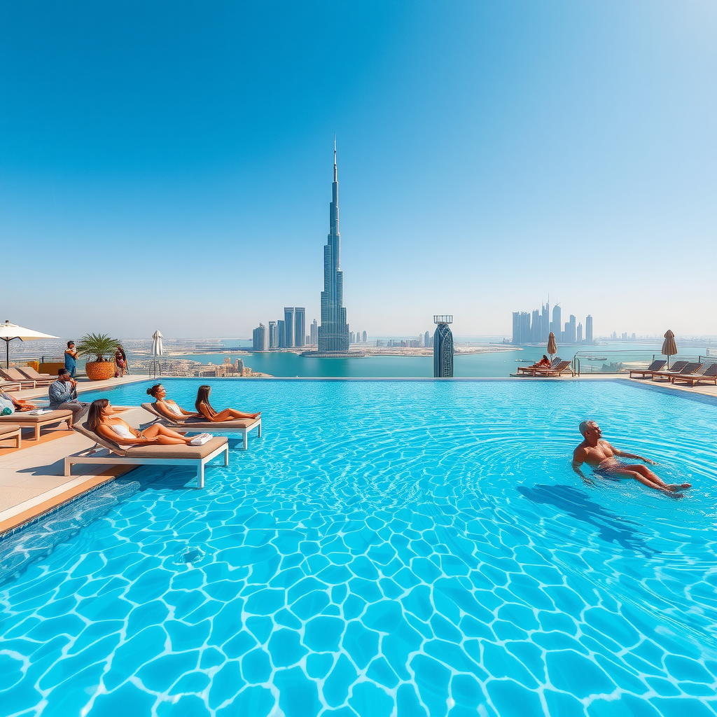 Luxurious infinity pool with crystal clear water during perfect winter weather, guests relaxing on premium loungers, clear blue sky, Dubai skyline panorama, elegant poolside service setup with towels and refreshments