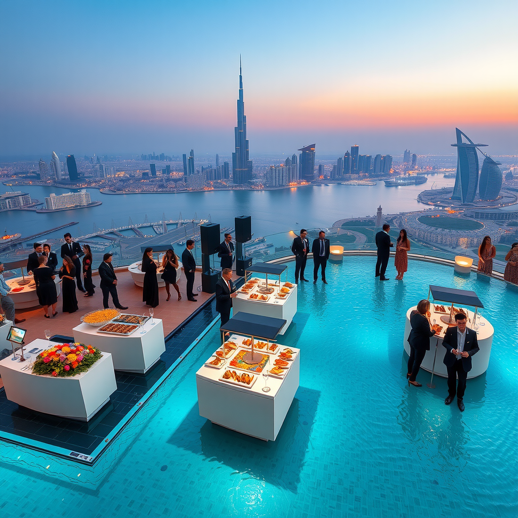 Elegant corporate event setup at infinity pool venue, professional networking gathering with catering stations, audio-visual equipment, Dubai skyline backdrop, business professionals mingling