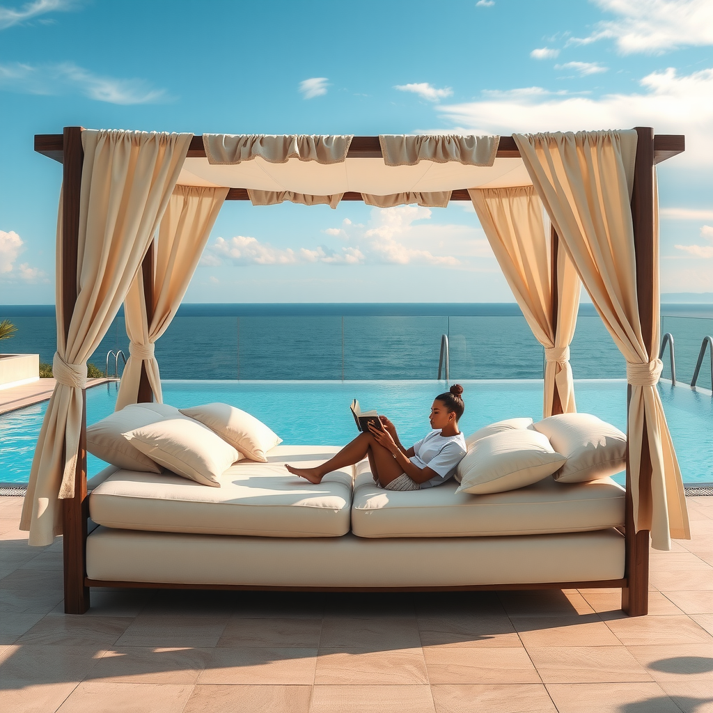Serene scene of person reading book on plush cabana daybed with soft pillows, peaceful atmosphere, infinity pool and sky visible in background
