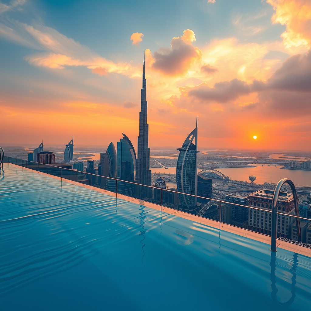 Breathtaking sunset panorama from Sky Aura Pool infinity edge, featuring Dubai's iconic skyline silhouette against golden hour sky with reflections in the pool water