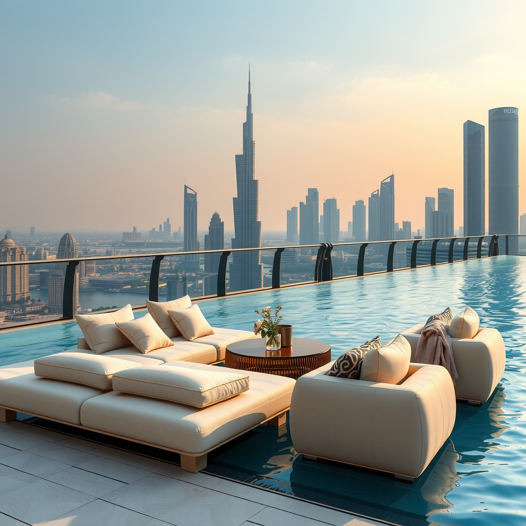 Elegant poolside lounge seating at Sky Aura Pool featuring plush cushions, premium fabrics, and sophisticated design with Dubai skyline views in the background
