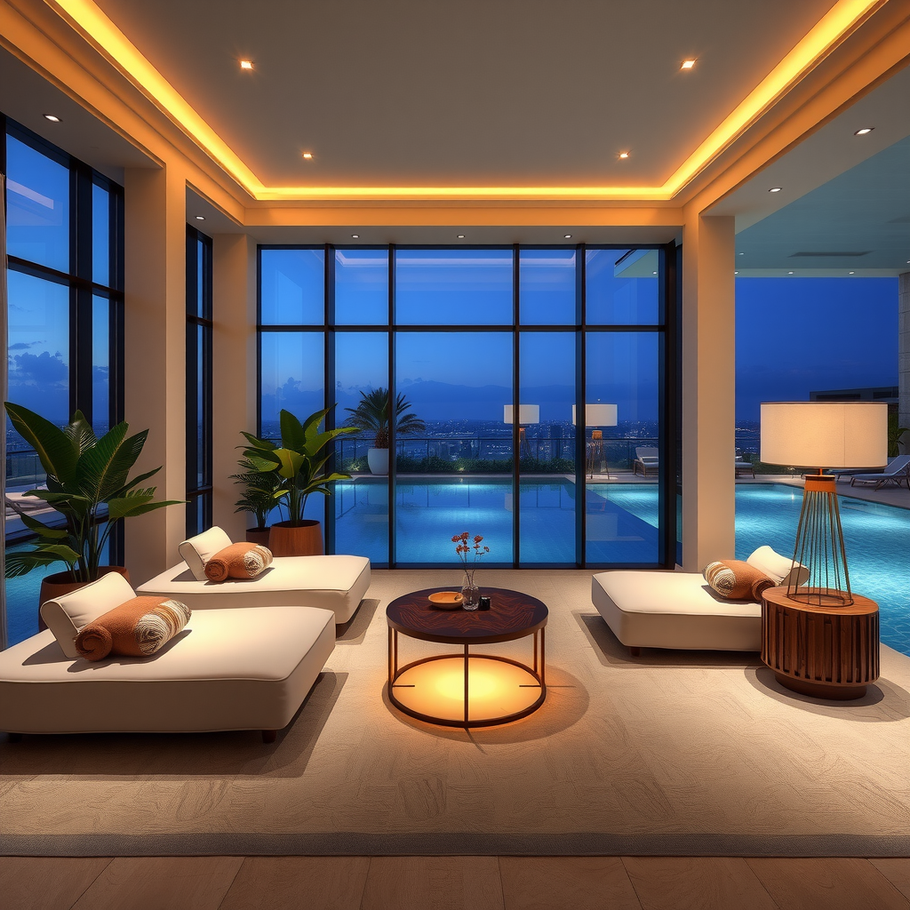 Luxurious private relaxation lounge at Sky Aura Pool with plush daybeds, soft lighting, tropical plants, and floor-to-ceiling windows overlooking the infinity pool