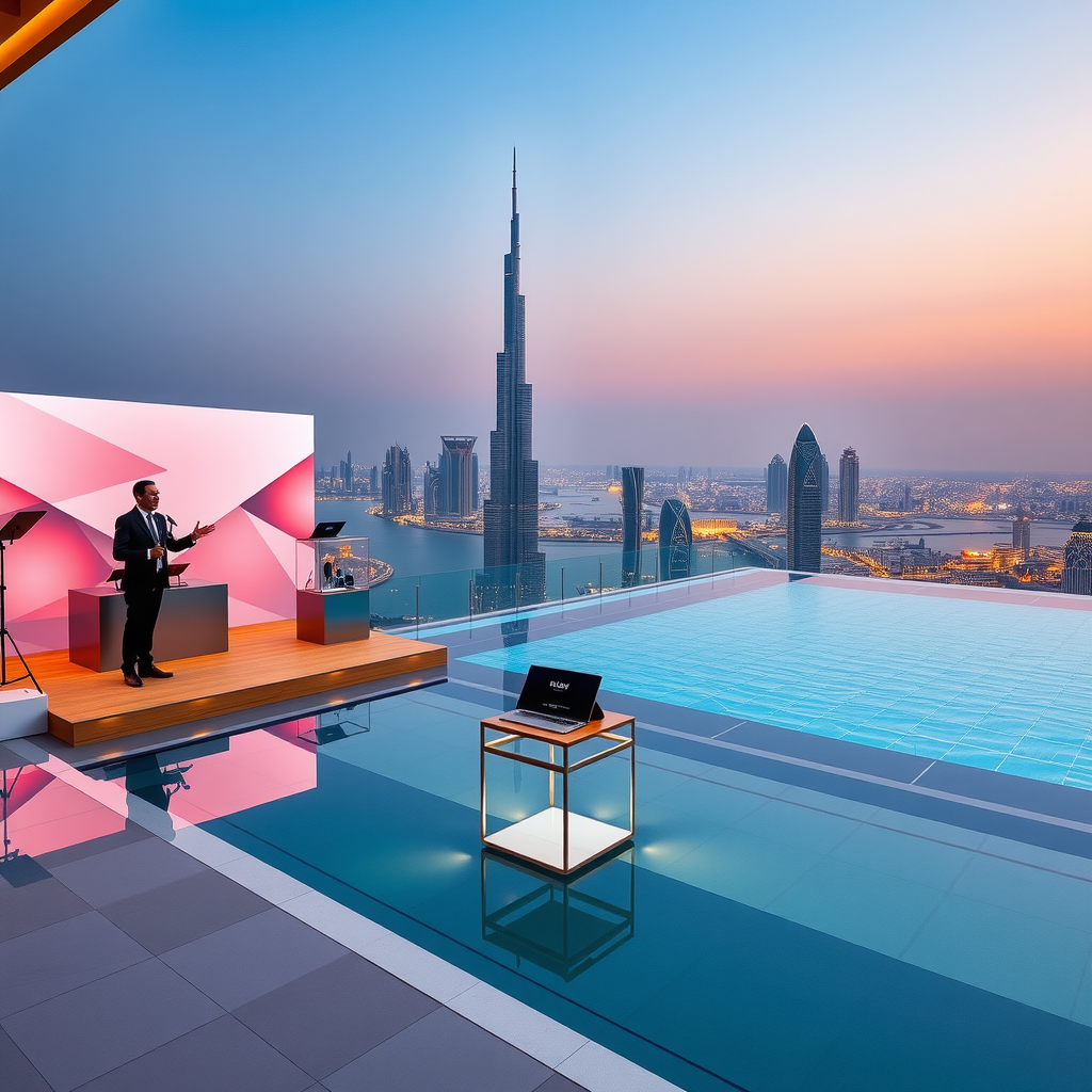 Sophisticated product launch event with presentation setup and Dubai skyline view from infinity pool venue