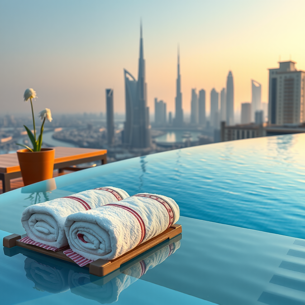 Luxury infinity pool amenities including premium towels, poolside service area, modern changing facilities, and exclusive access to Sky Aura Pool facilities with Dubai skyline backdrop
