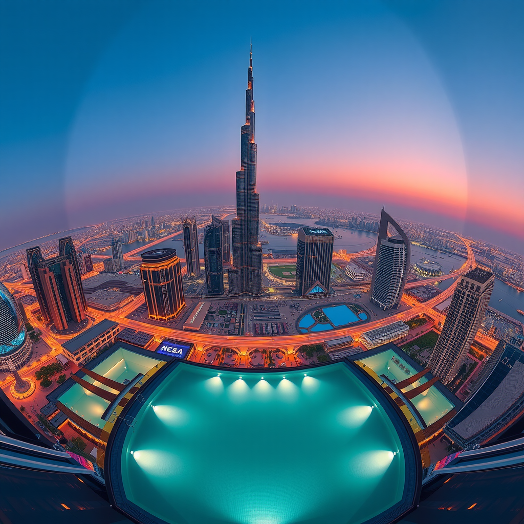 Breathtaking 360-degree panoramic view of Dubai's illuminated skyline at dusk from Sky Aura Pool, showcasing iconic towers and urban landscape bathed in warm sunset colors
