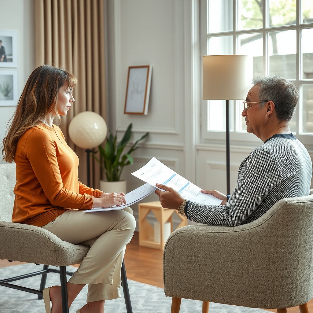 Professional wellness consultant discussing personalized wellness plan with guest in elegant consultation room with natural light and calming decor
